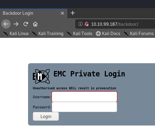 Screenshot showing the login page on /backdoor