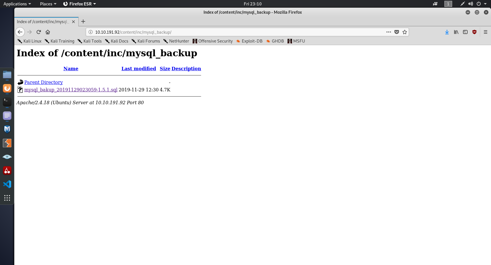 Screenshot showing an Apache directory page with a MySQL backup on it