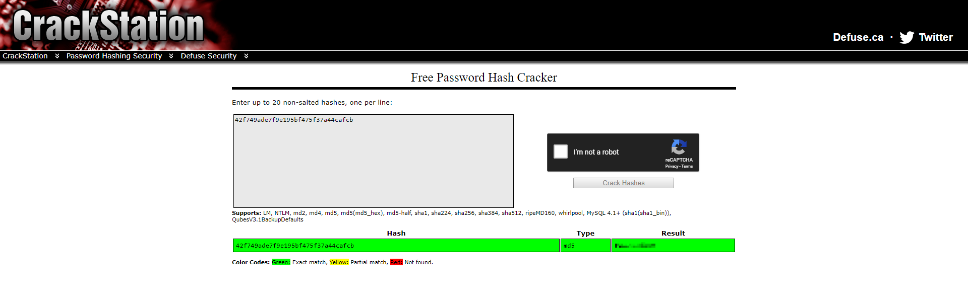 Screenshot from Crackstation showing the cracked password